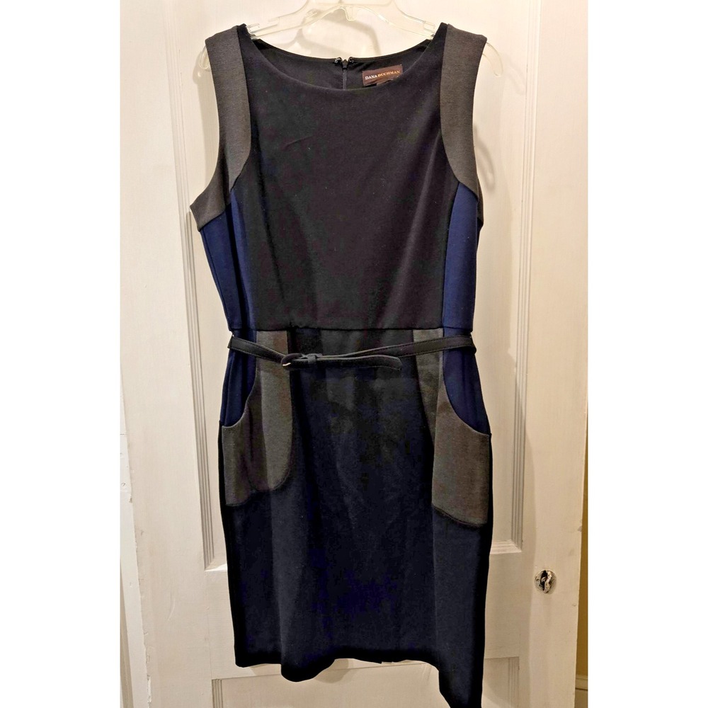 Dana Buchman Gray Navy‎ Black Sheath Dress with Belt Pockets Back Zip Size 16